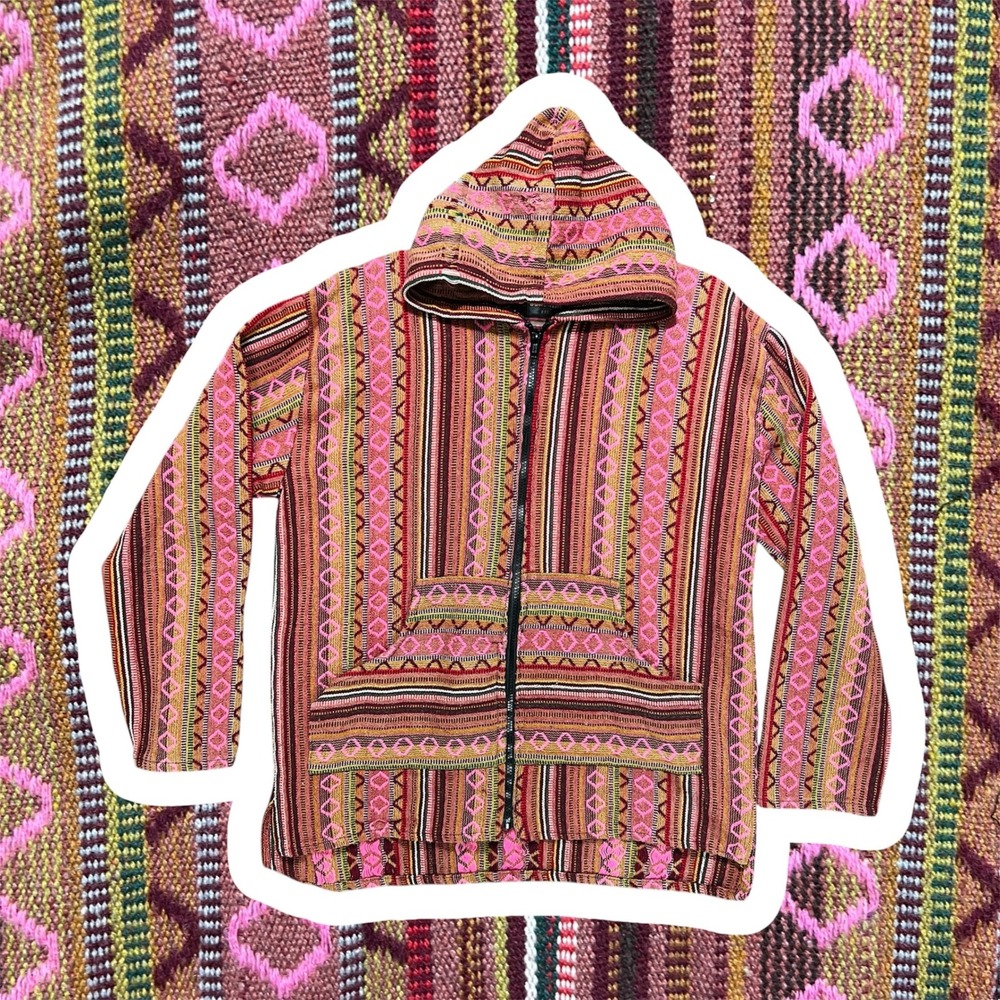 VTG Sunshine Joy Pink Striped Woven Baja Hoodie Full Zip Cotton Jacket‎ M/L Boho